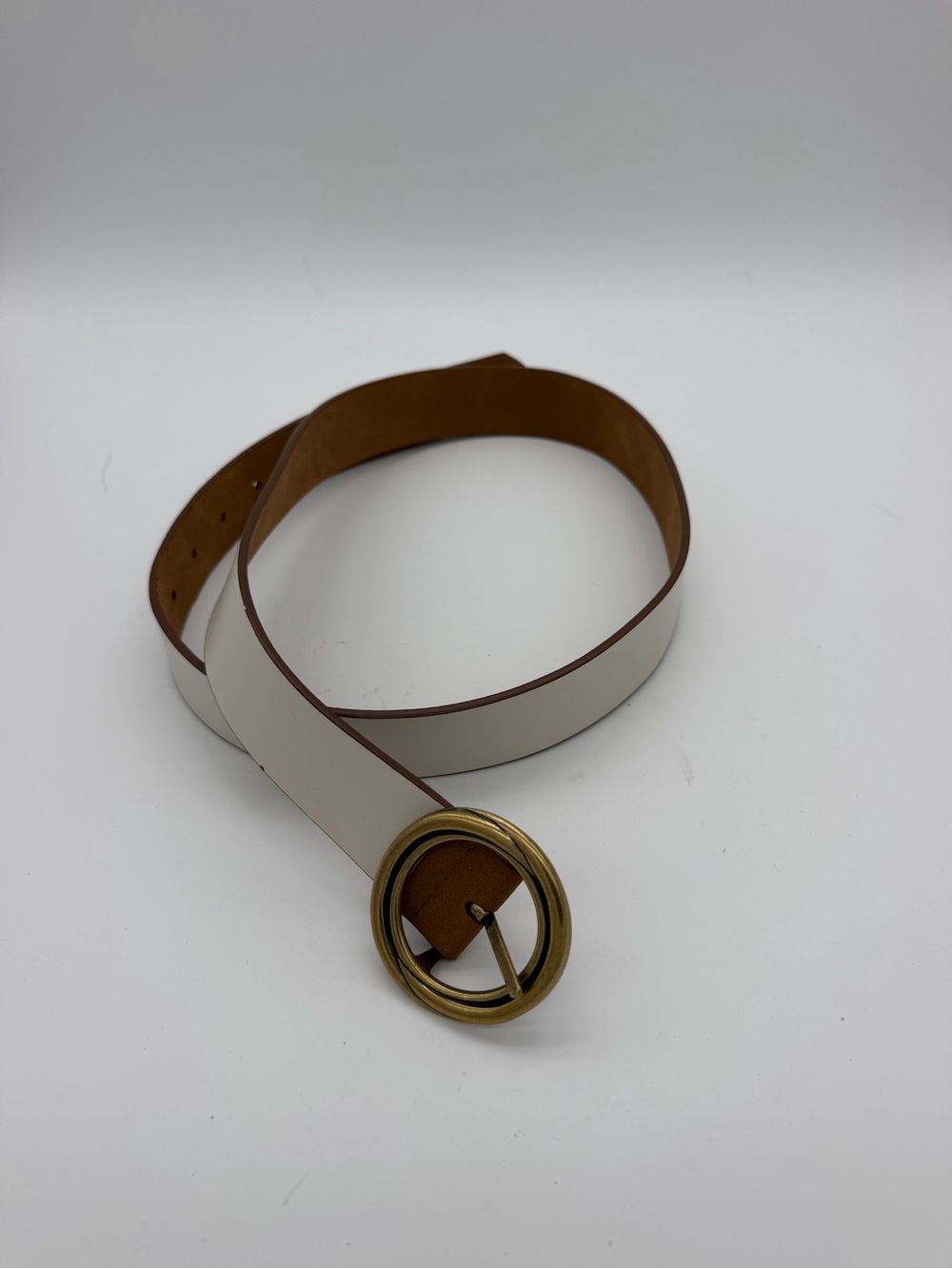 Classic Cream Leather Belt with Brass Circle Buckle